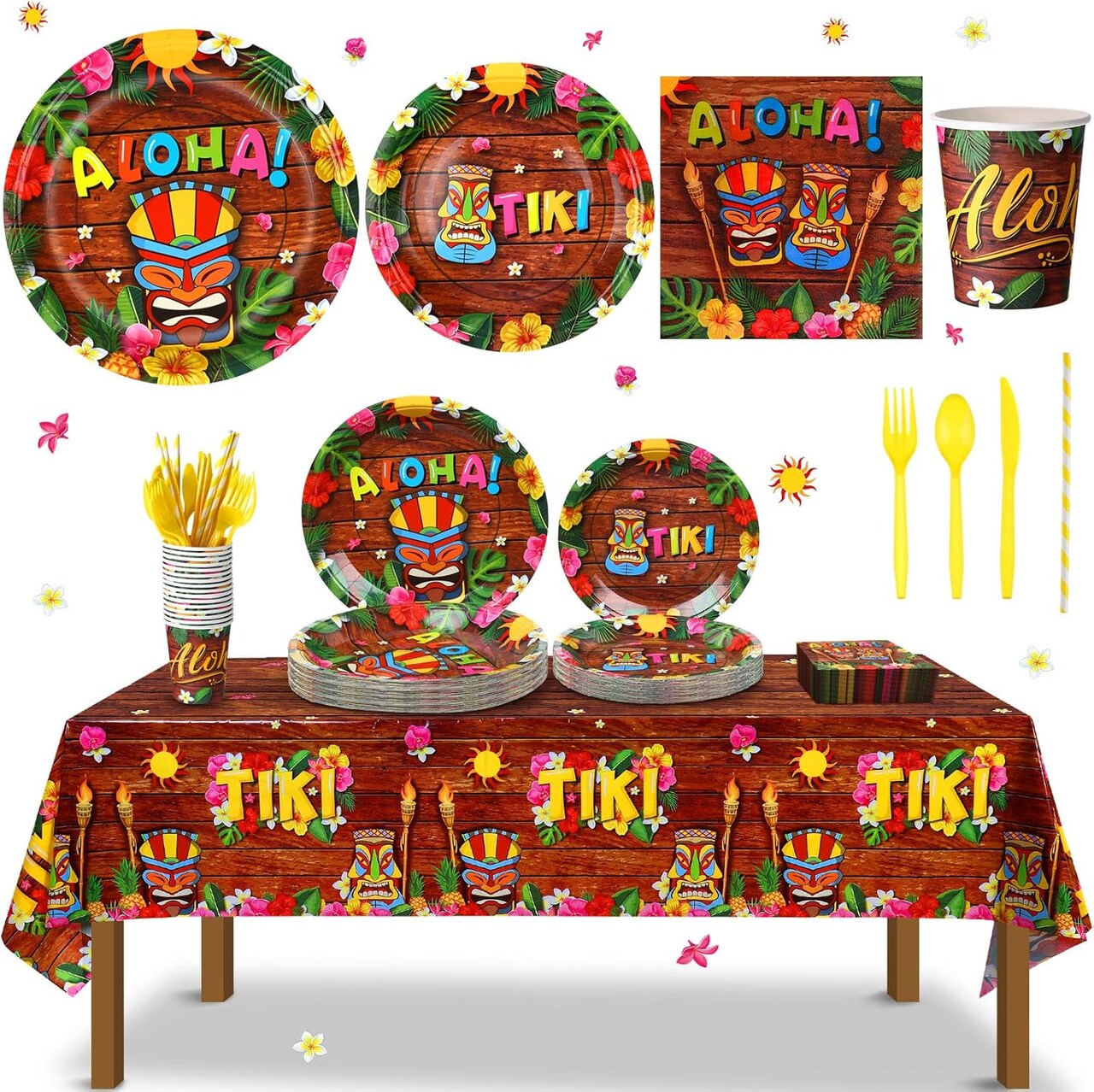 130 Pcs Hawaiian Summer Party Decorations Luau Plates and Napkins Party Supplies Tiki Paper Plates Aloha Hawaiian Tablecloth